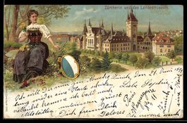 Lithographie Zürich, Zürcherin und das Landesmuseum, Stadtwa