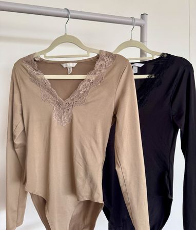H&M Long Sleeve Beige Bodysuit Lace Detail