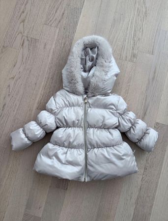 Baby A Down Jacket Grey Hooded Fur Trimmed Size 86/104