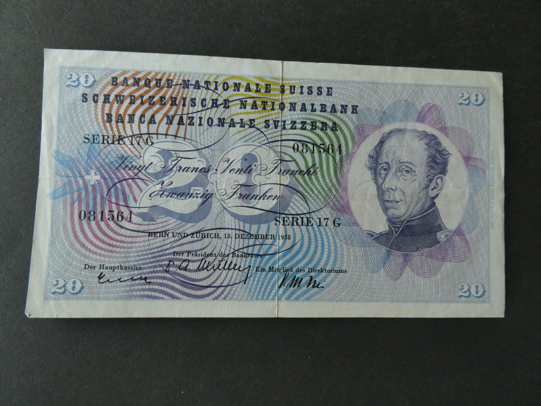 Banknoten: Schweiz 1958,  20 Franken – Gebraucht aus Hinterforst von Rohusri