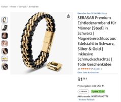 Armband Leder Schwarz Stahl Gold Gliederkette