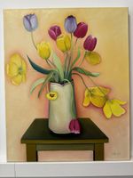 Bunte Tulpen Original Gemälde Blumen in Vase 50x 61 cm