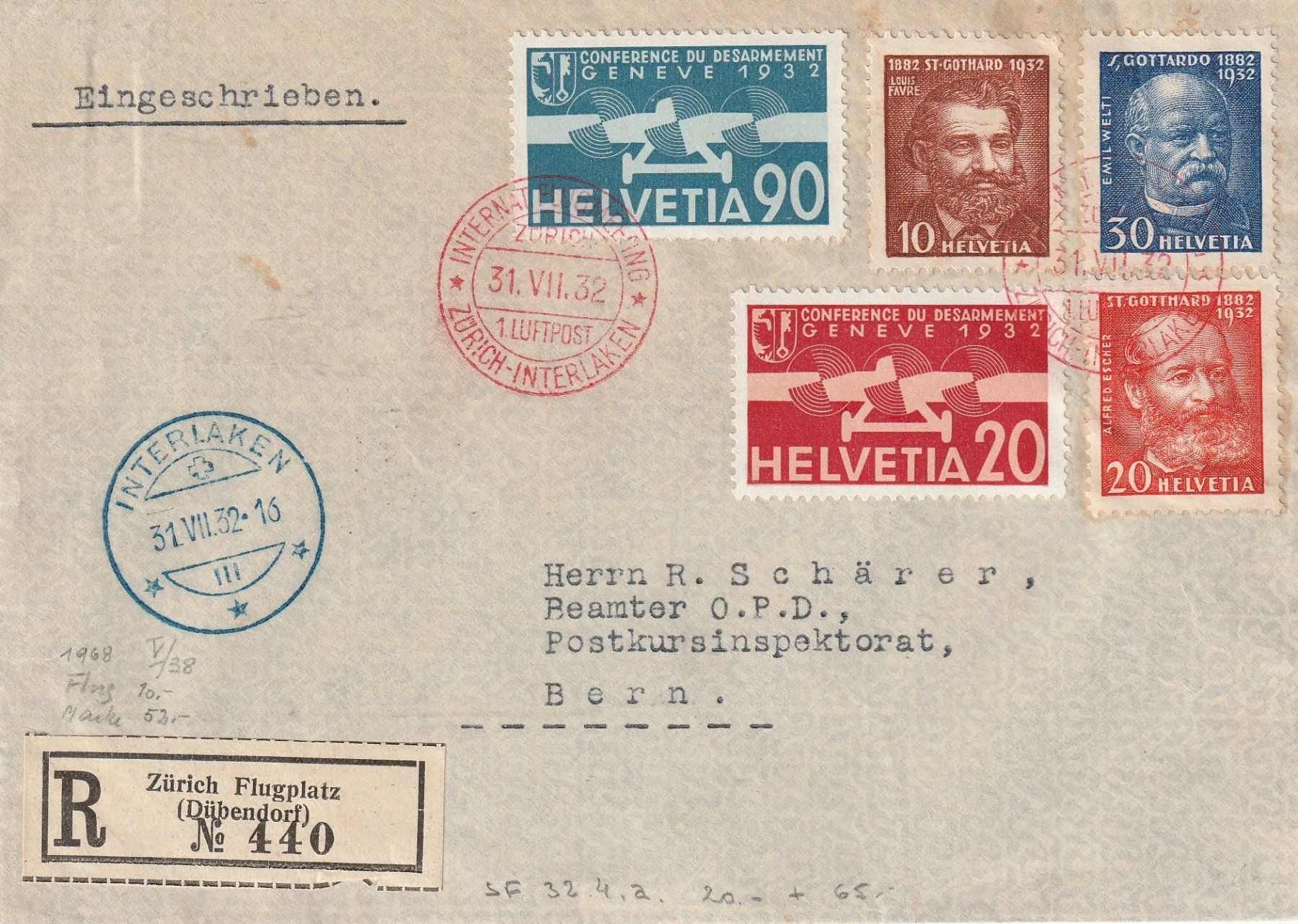 Tutti i francobolli: SF 32.4 a, ZURICH - INTERLAKEN, Fr 85.-- – Usato da Bure venduto da Tarif