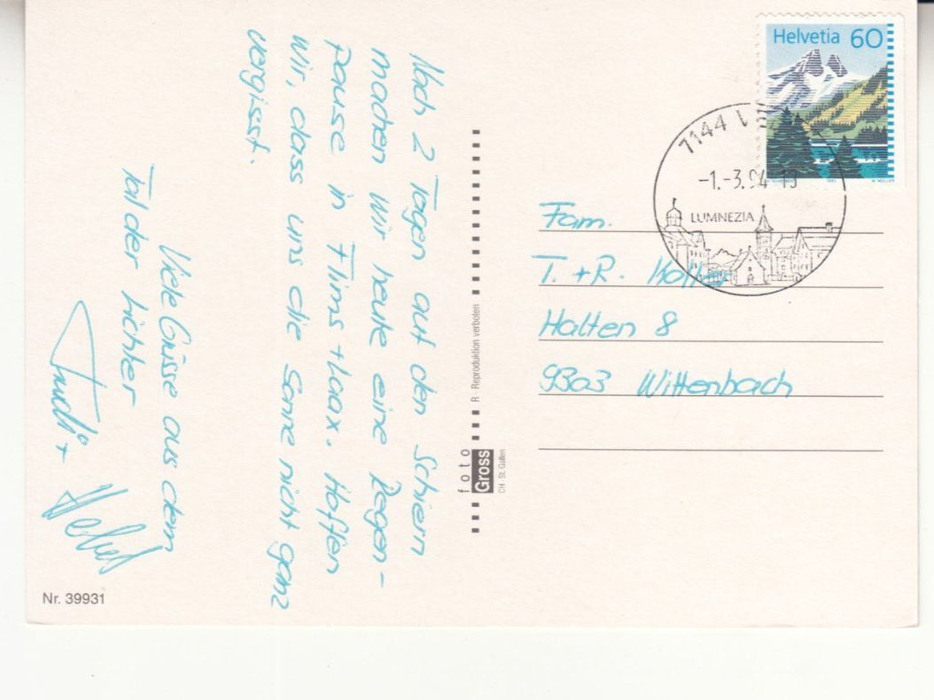 Cartoline postali: Surselva 1994 – Usato da Bürglen TG venduto da StampGraf 1