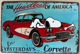 KeC: Snoopy &  Corvette auf Blechschild UNIKAT signiert