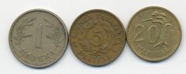Finnland 1 Markka 1924S, 5 Markka 1951, 20 Markka 1956