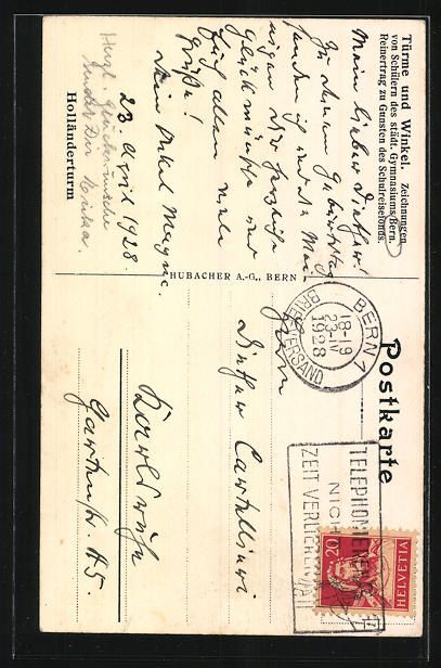 Cartoline postali: AK Bern, Holländerturm, 1928 – Usato da Berlin venduto da bartko-reher 1