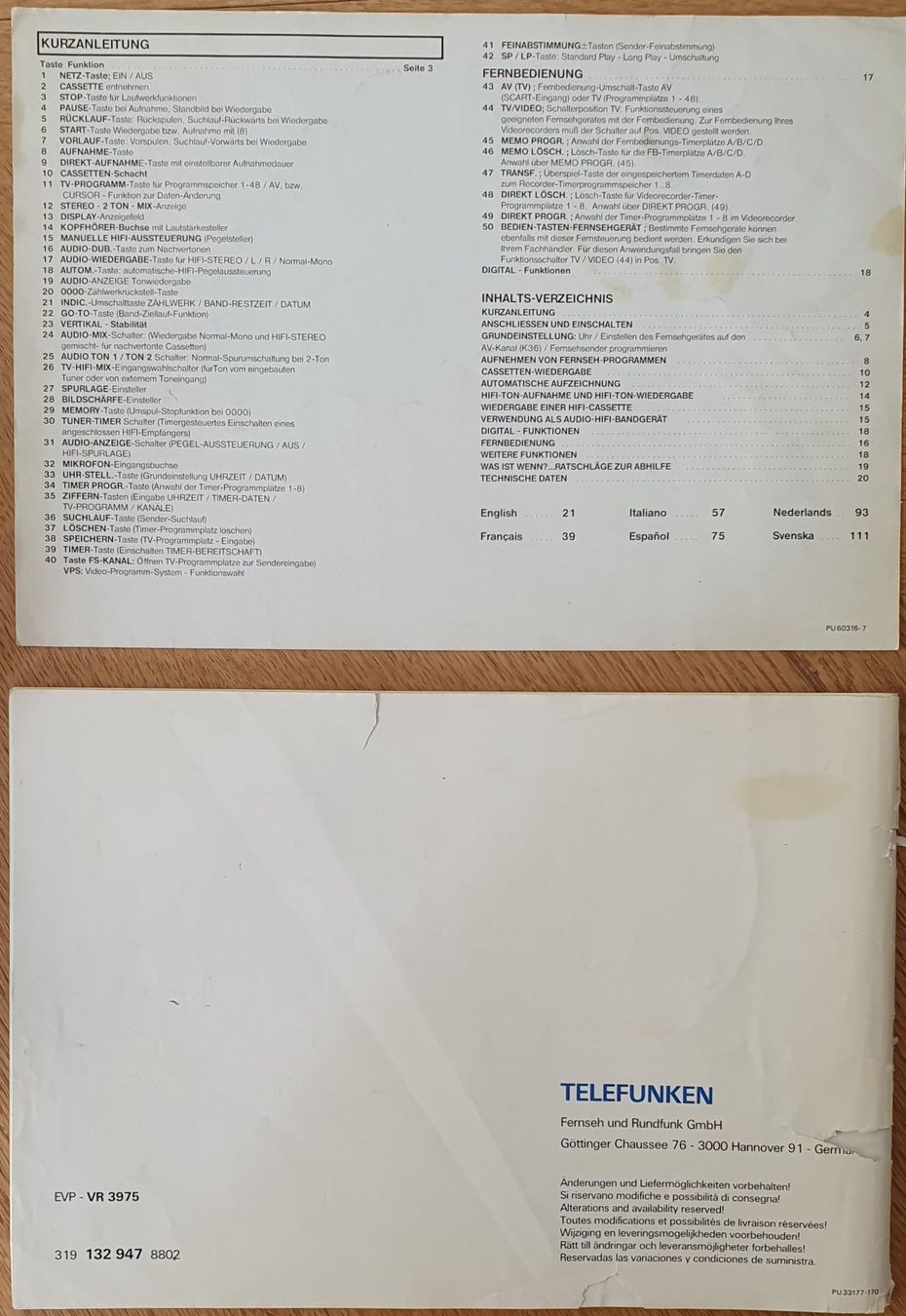 Telefunken Registratori: Telefunken Video Cassette Recorder 3975 HIFI – Usato da Zürich venduto da Vesco01 6