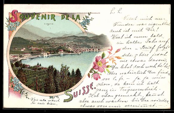 Cartoline postali: Lithographie Lugano, Seepanorama mit Ortsansicht – Usato da Berlin venduto da bartko-reher