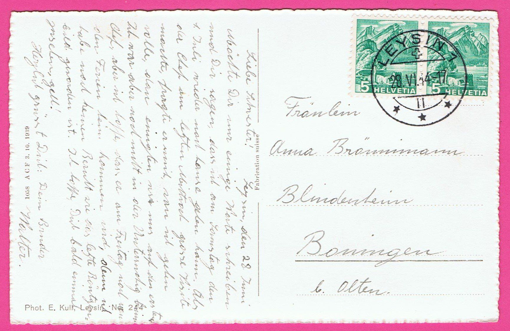 Cartoline postali: Leysin gel 1944 Le Chamossaire – Usato da Einsiedeln venduto da dillie 1