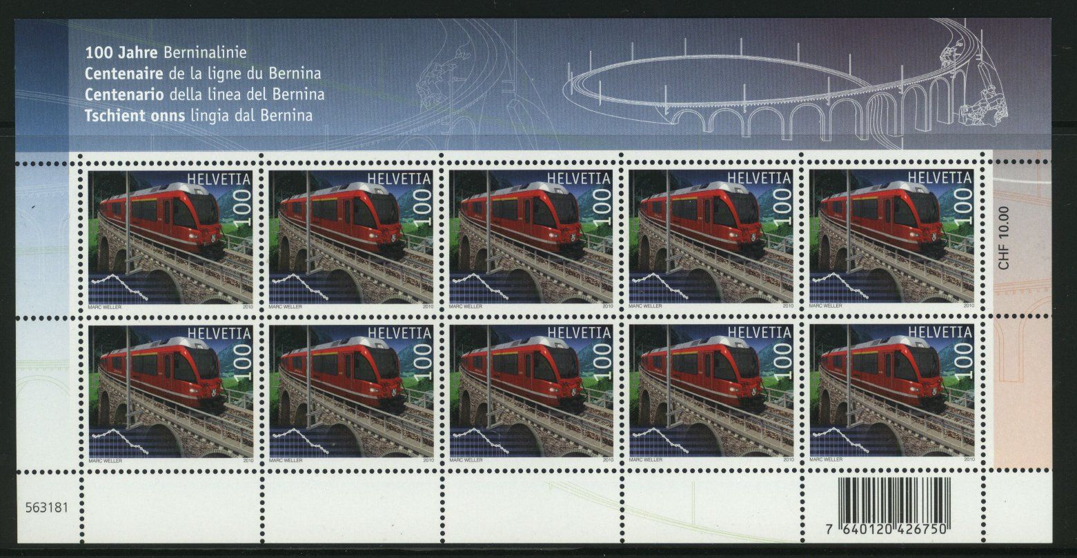 Tutti i francobolli: 2010, Sondermarken Bahnjubiläen, Kleinbogen ** – Usato da Willisau venduto da Vollstempel 2