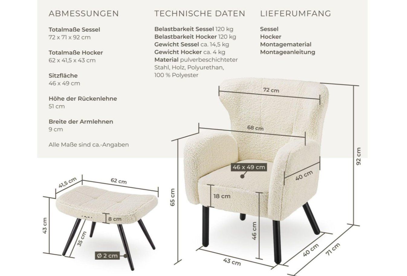 Sessel: Sessel mit Hocker Vänersborg Bouclé creme/schwarz – Neu (gemäss Beschreibung) aus Steinhausen von Retourenprofis 2
