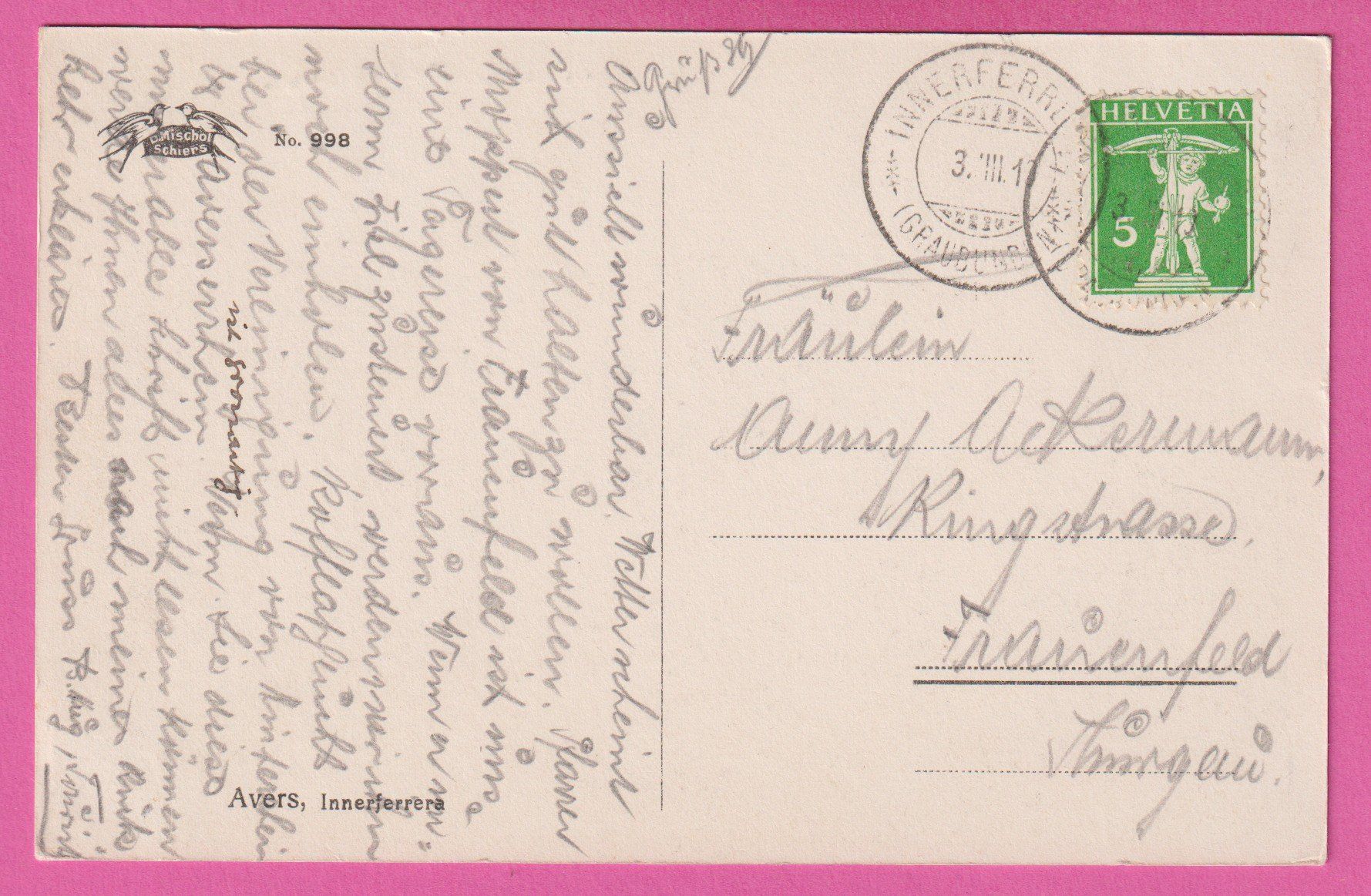 Ansichtskarten: Avers gel 1910?? Innerferrera – Gebraucht aus Einsiedeln von dillie 1