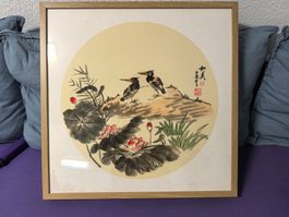 Asiatische Malerei, gerahmtes Lotusblumen-Bild mit Vögeln