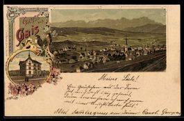 Litho Gais, Neues Schulhaus, Ortsansicht