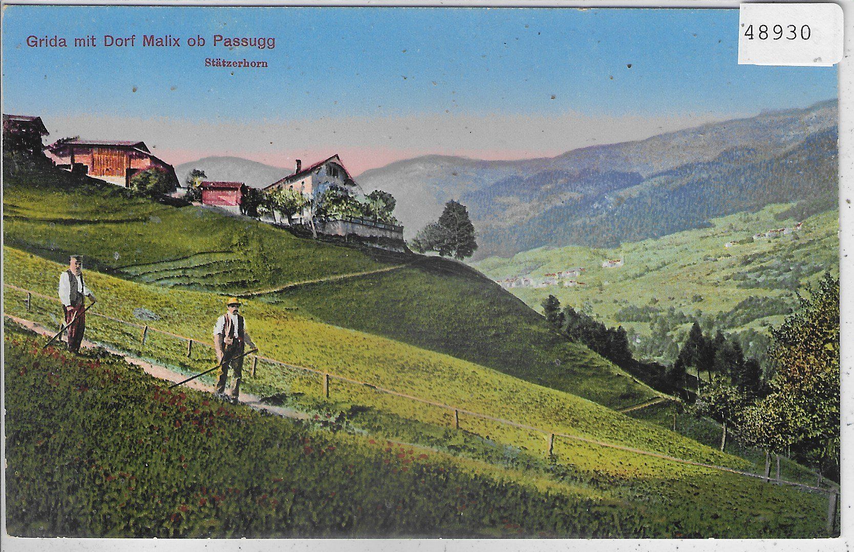Cartoline postali: Grida mit Dorf Malix ob Passug - Grasmäher - Litho – Usato da Ettingen venduto da Kartenplanet