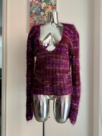 handmade Pullover aus Mohair lila gestreift Grösse S/M