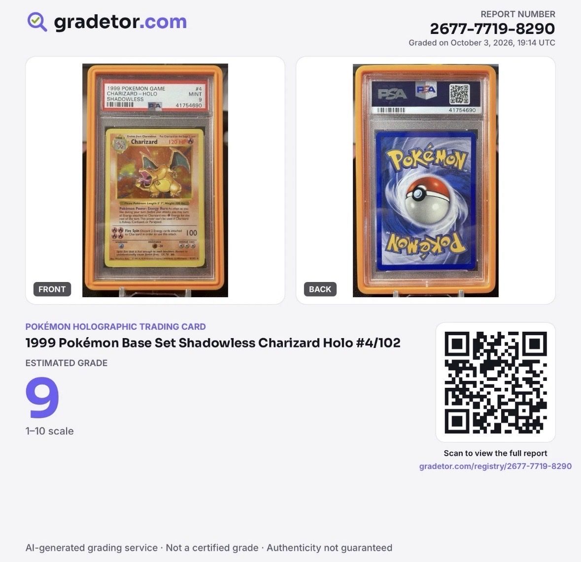 Pokémon Carte collezionabili: PSA 9 Shadowless CHARIZARD Pokemon Base Set 4/102 Holo MINT – Nuovo (secondo la descrizione) da Turbenthal venduto da grafires 2