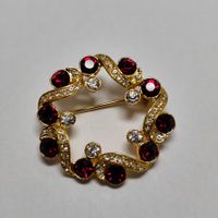 Broche Couronne Dorée Vintage Strass Rouges Et Clairs #C2