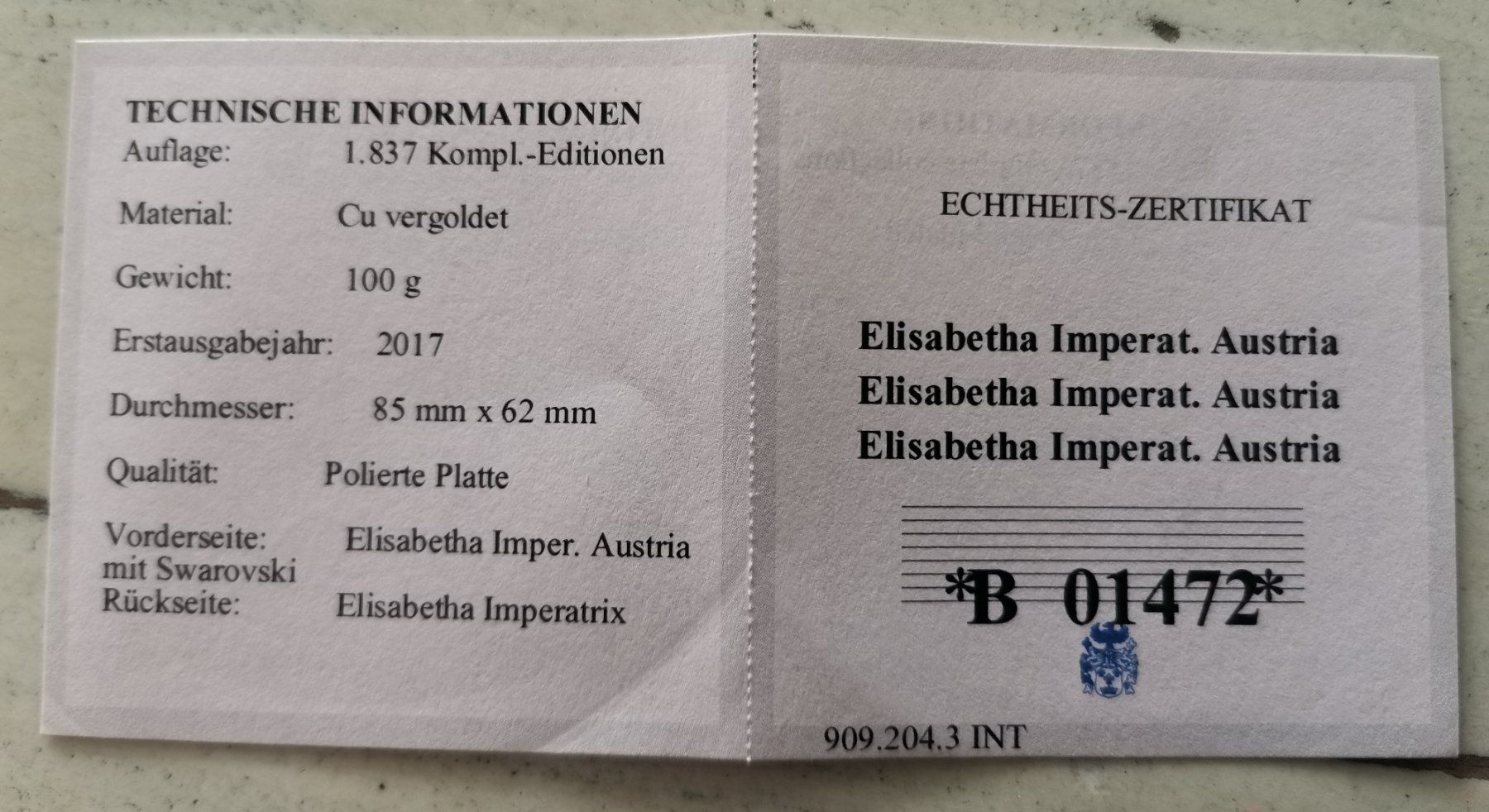 Medaillen: Goldmedaille Elisabeth Imper Austria mit Swarovski Elemente – Neu und originalverpackt aus Eschenbach SG von twin02 2