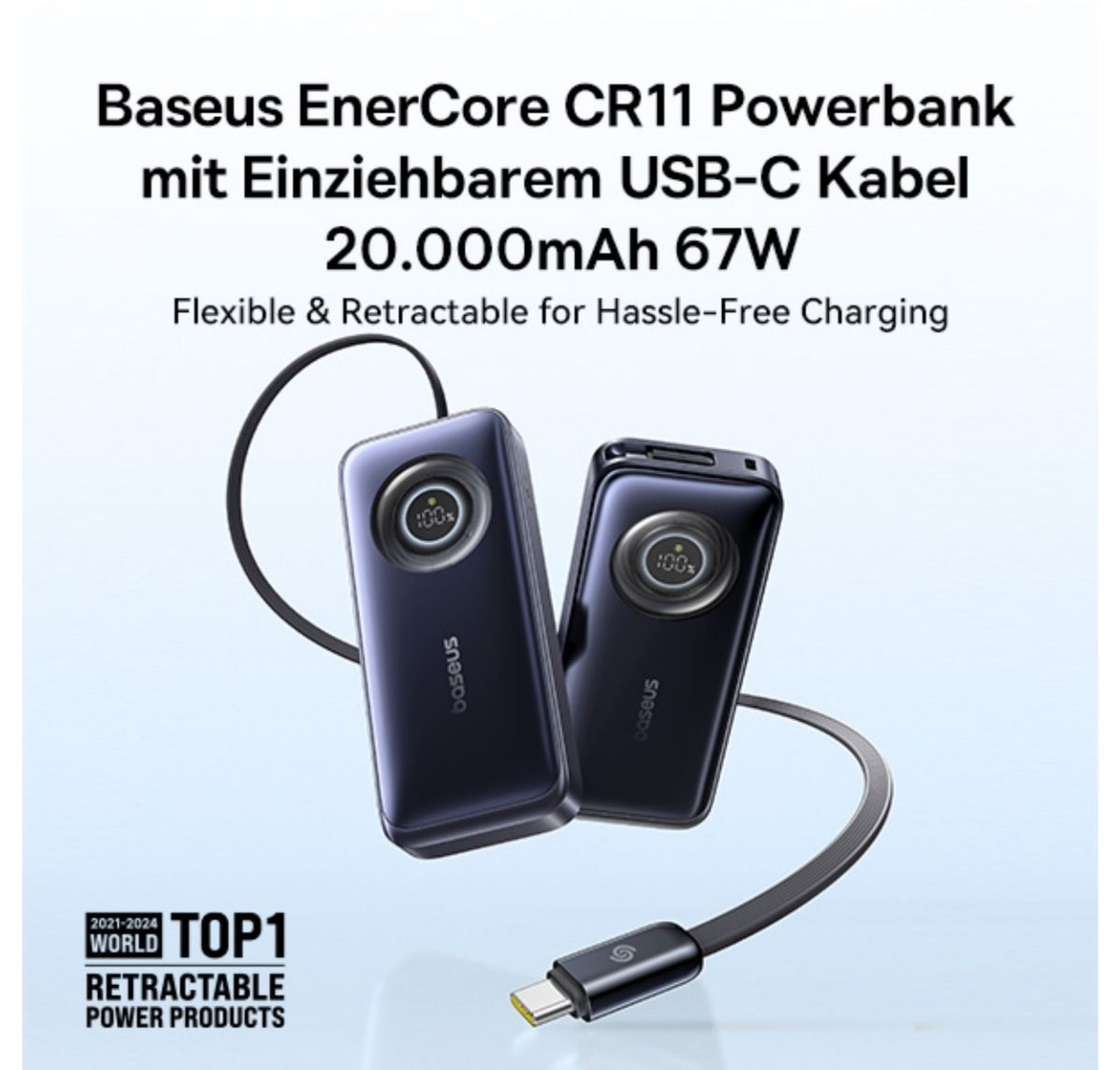 Baseus Batterie: Baseus EnerCore  20000mAh mit Einziehbarem  USB-C Kabel, 67W – Nuovo e nell'imballaggio originale da Winterthur venduto da Pcline1