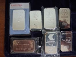 7x 100g Silberbarren diverses Swiss Mint guter Zustand