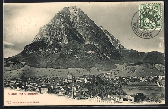 Cartoline postali: AK Glarus, Ortsansicht mit Glärnisch – Usato da Berlin venduto da bartko-reher
