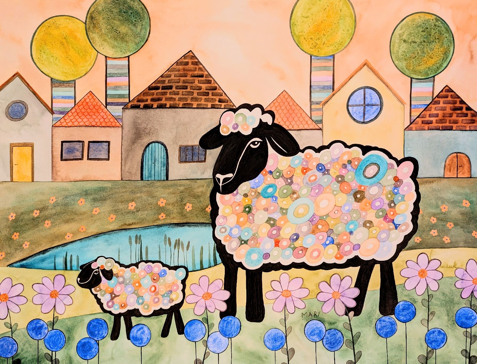 Dipinti: Original Aquarell Schafe naive Kunst Bild – Nuovo e nell'imballaggio originale da Wittenbach venduto da Mary.M.Boesch