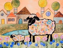 SALE Original Aquarell Schafe naive Kunst Bild