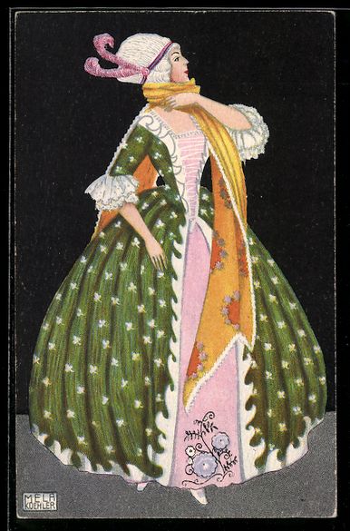 Cartoline postali: Mela Köhler: Dame im Kleid mit buntem S – Usato da Berlin venduto da bartko-reher