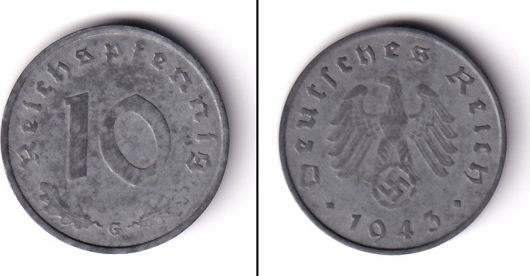 Alle Münzen: 10 Pfennig Deutsches Reich 1943 G – Gebraucht aus Kriens von TSCH1