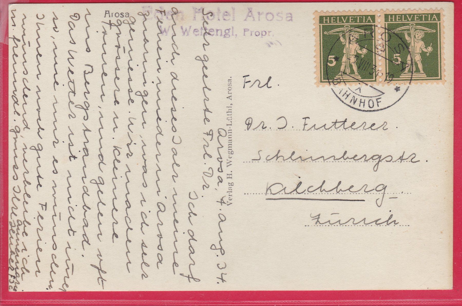 Cartoline postali: AROSA, 7.8.1934 – Usato da Oberrieden venduto da Gebirgsstelze 1