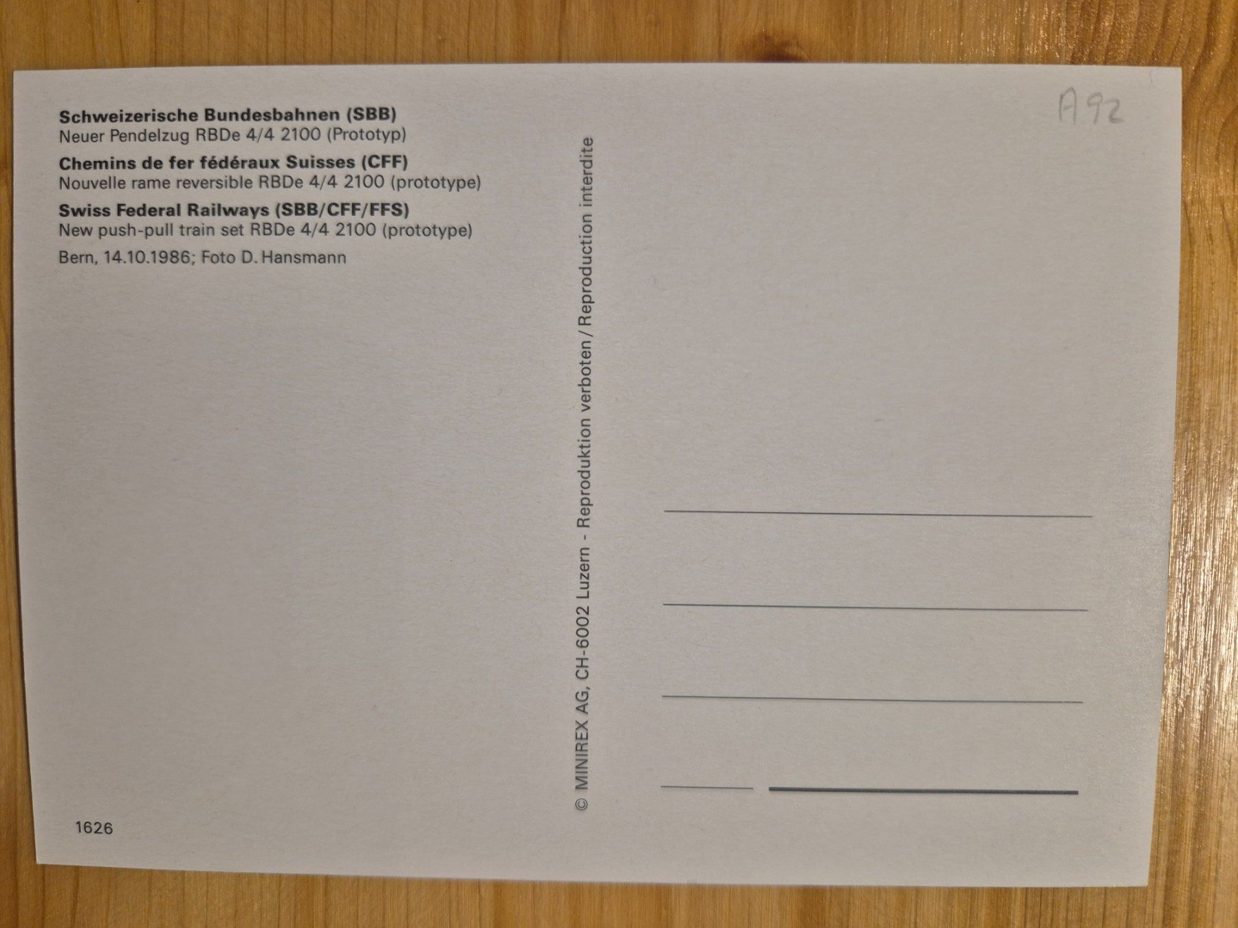 Cartoline postali: SBB-CFF NPZ RBDe 4/4 2100 (Prototype) - Bern, 14.10.1986 – Nuovo (secondo la descrizione) da St-Léonard venduto da thipif 1