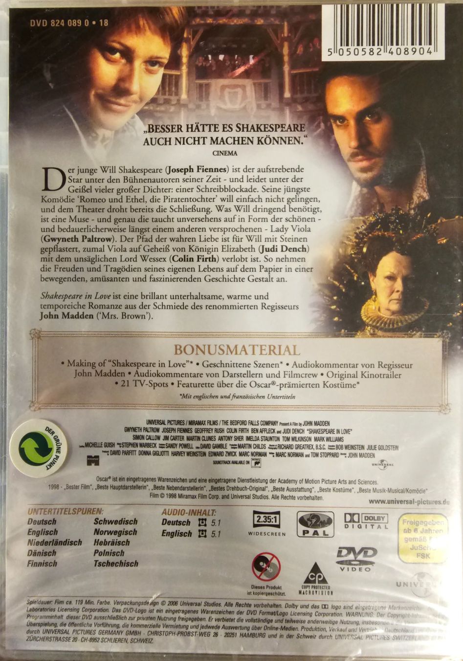 Tutti i DVDs: Shakespeare in Love – Nuovo e nell'imballaggio originale da Wahlen b. Laufen venduto da Cg10 1