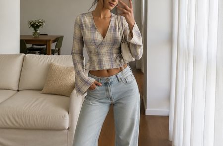 Leichtes Wickelshirt mit Karo-Muster, Gr. S/M, Frühling/Somm