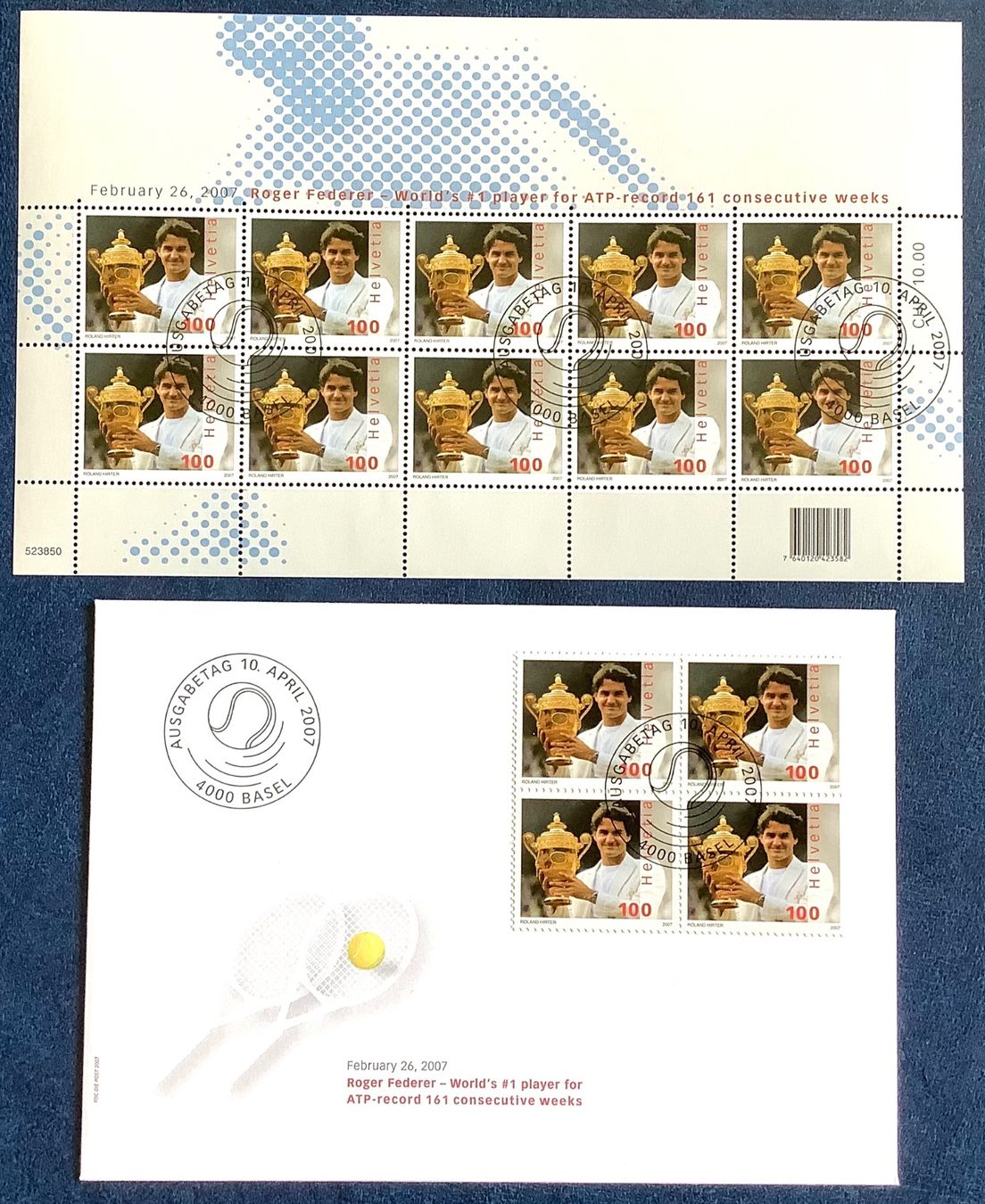 Tutti i francobolli: 2007 / Roger Federer FDC Viererblock + Kleinbogen ET – Nuovo (secondo la descrizione) da Liestal venduto da Skunk02