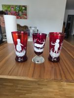 3 Gläser rot mit weiss Malerei Junge Madchen Hirsch 15cm