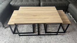 Couchtisch Set Holzoptik Schwarz Metall 2er Stapeltisch NEU