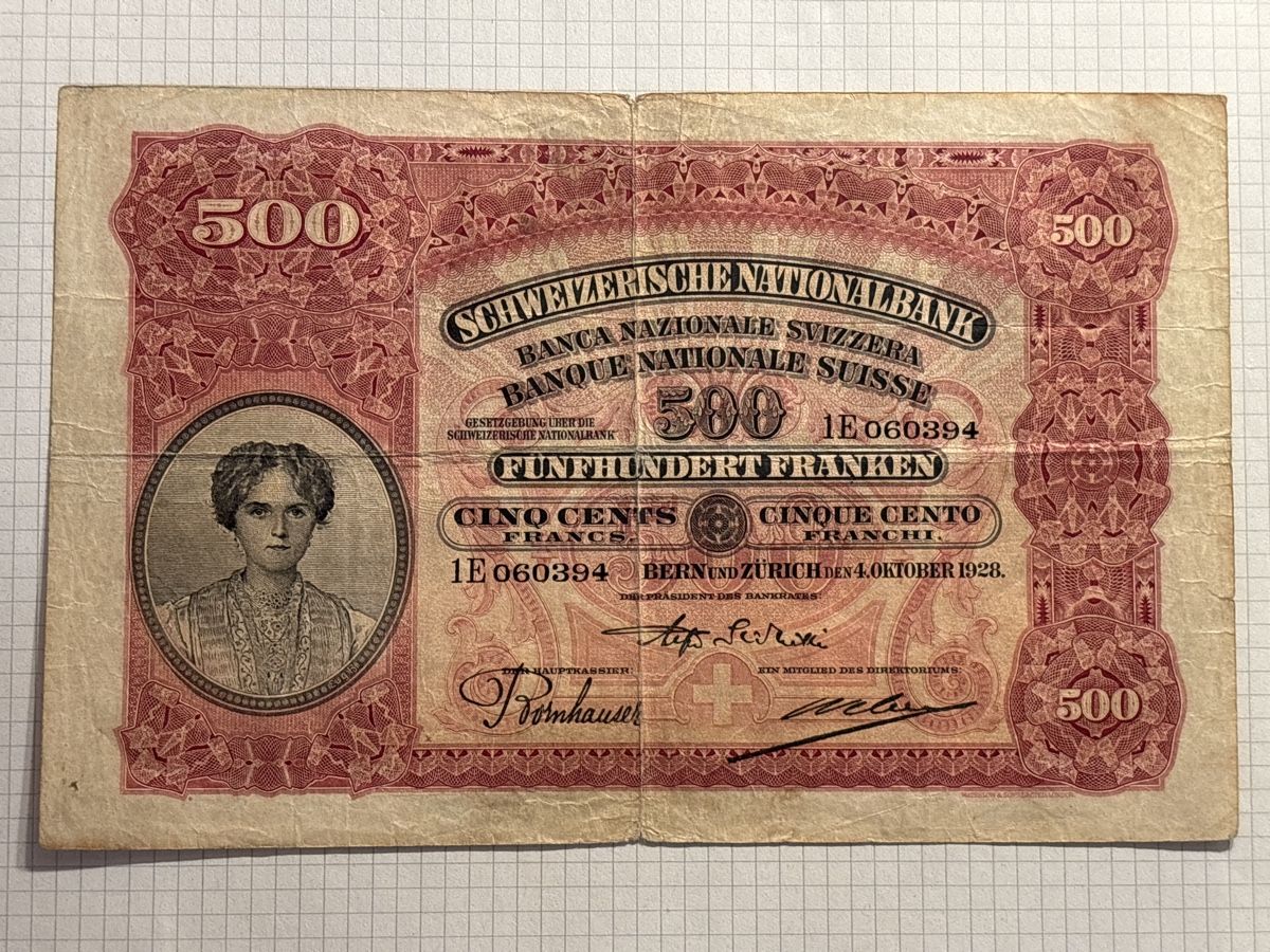 Schweiz Banknote 500 Franken 1928 Stickerinnen VG (Gebraucht) in Möhlin ...
