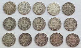 15 Stück Schweizer Silber 2 Franken-Münzen 1903 - 1914