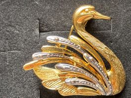 Broche cygne vintage dorée et argentée