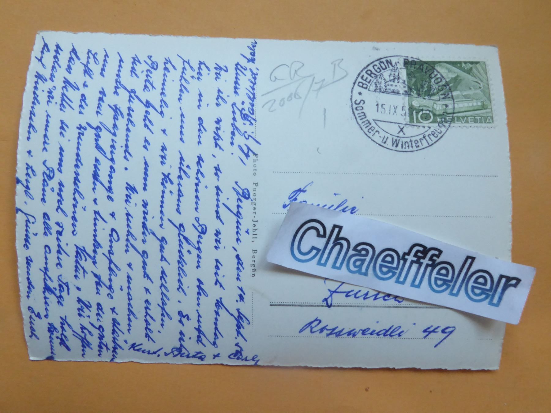 Ansichtskarten: 1950  Bergün mit Latsch – Gebraucht aus Zürich von Chaeffeler 1