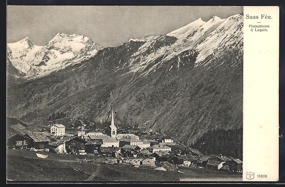 Cartoline postali: Saas Fée, Panorama mit Fletschhorn, Laq – Usato da Berlin venduto da bartko-reher