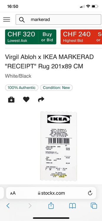 Virgil Abloh x IKEA MARKERAD RECEIPT Rug 201x89 CM White/Black