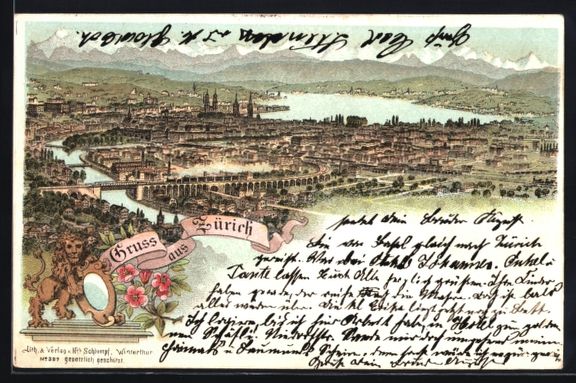Ansichtskarten: Lithographie Zürich, Totalansicht, 1897 – Gebraucht aus Berlin von bartko-reher