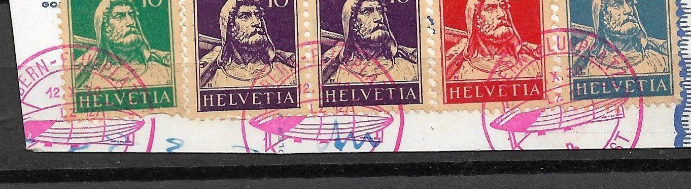 Alle Briefmarken: Zeppelinstempel; 12.10.1930; dreimal auf Postkartenstück – Gebraucht aus Sirnach von Melisangi 1