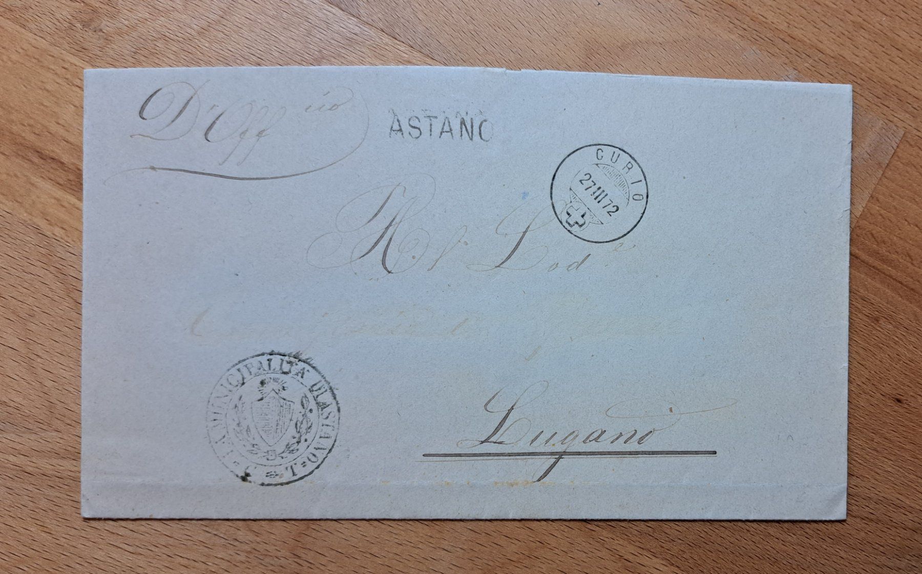 Tutti i francobolli: Amtsbrief Astano, Curio nach Lugano 1872 – Usato da Unterägeri venduto da PhilatelieStudiger