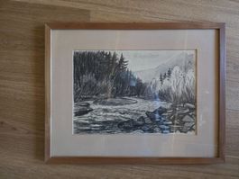 antikes Bild Kohle Zeichnung Berner Alpen 1957