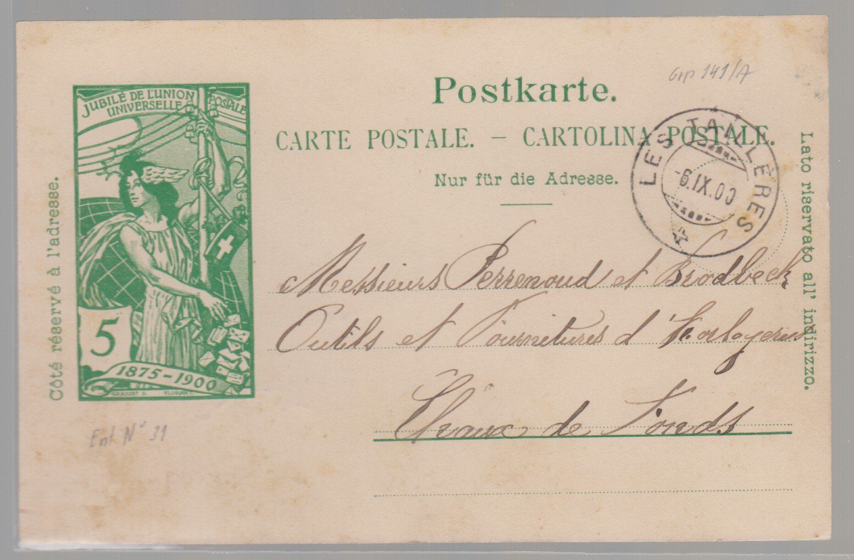 Tutti i francobolli: Carte UPU 1900 oblitéré Les Taillères – Usato da Boécourt venduto da Denteles66