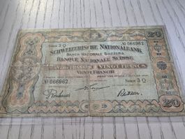 Banknote 20 Franken Schweizer Nationalbank 1916 gebraucht